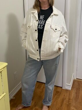 Levi's White Denim Jacket with Brown Leather Patch